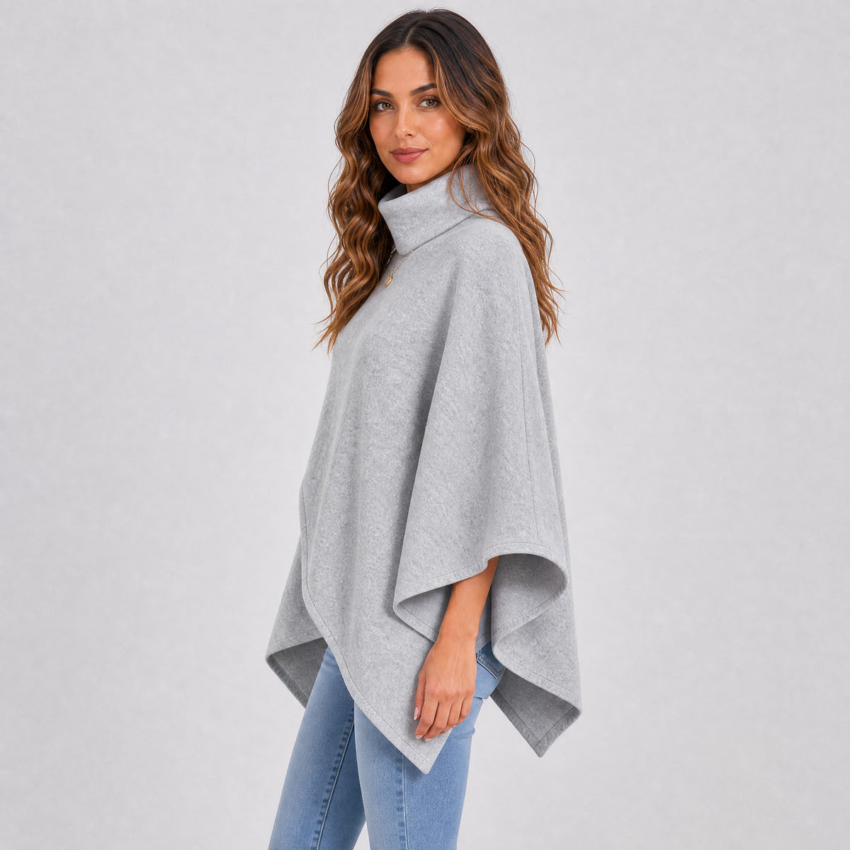 Poncho Col Montant Femme en Polaire gris, vue de profil