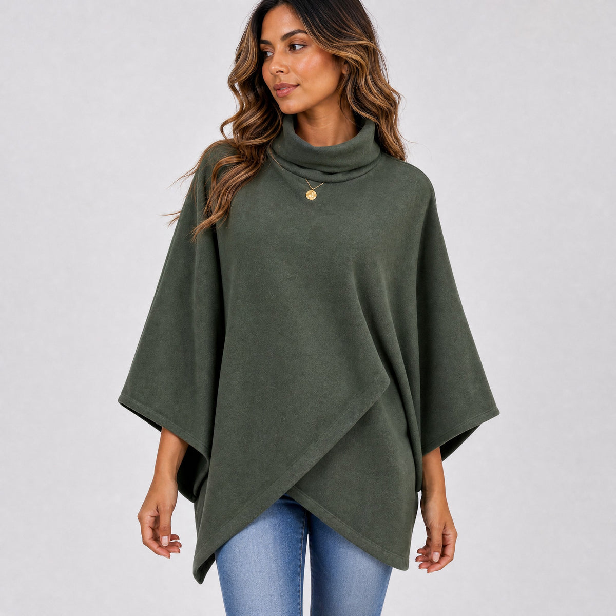 Poncho Col Montant Femme en Polaire vert, vue de face
