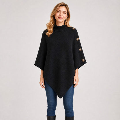Poncho Col Roulé Boutonné Femme noir, vue de face