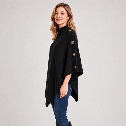 Poncho Col Roulé Boutonné Femme noir, vue de profil
