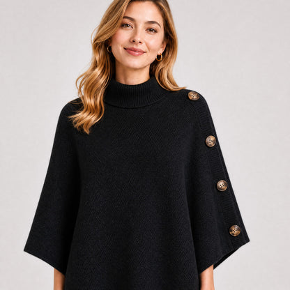 Poncho Col Roulé Boutonné Femme noir, détail de la matière
