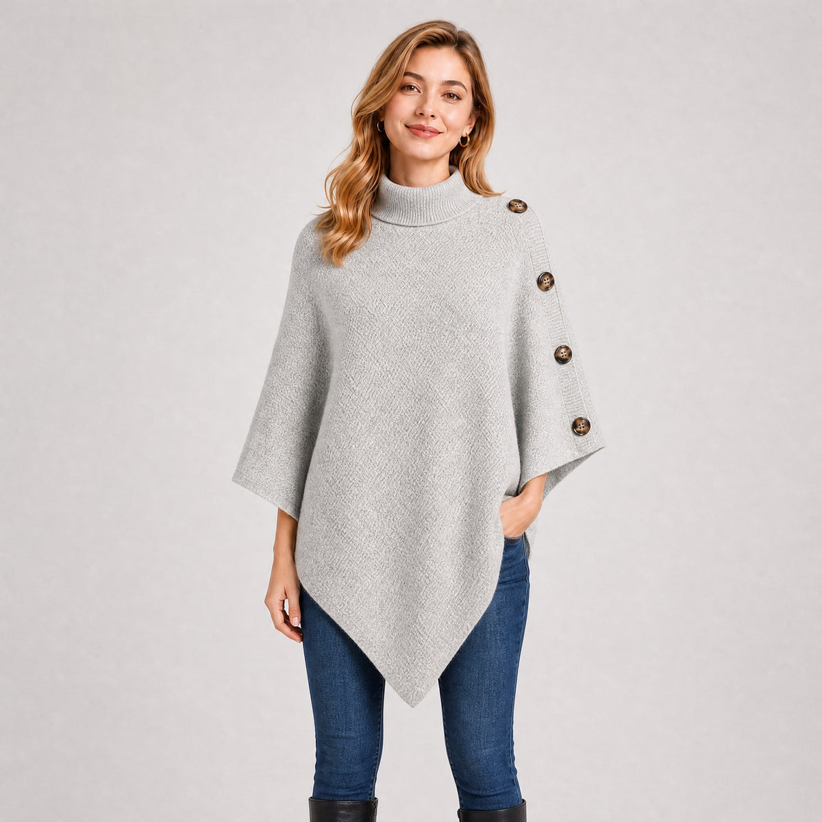 Poncho Col Roulé Boutonné Femme gris, vue de face