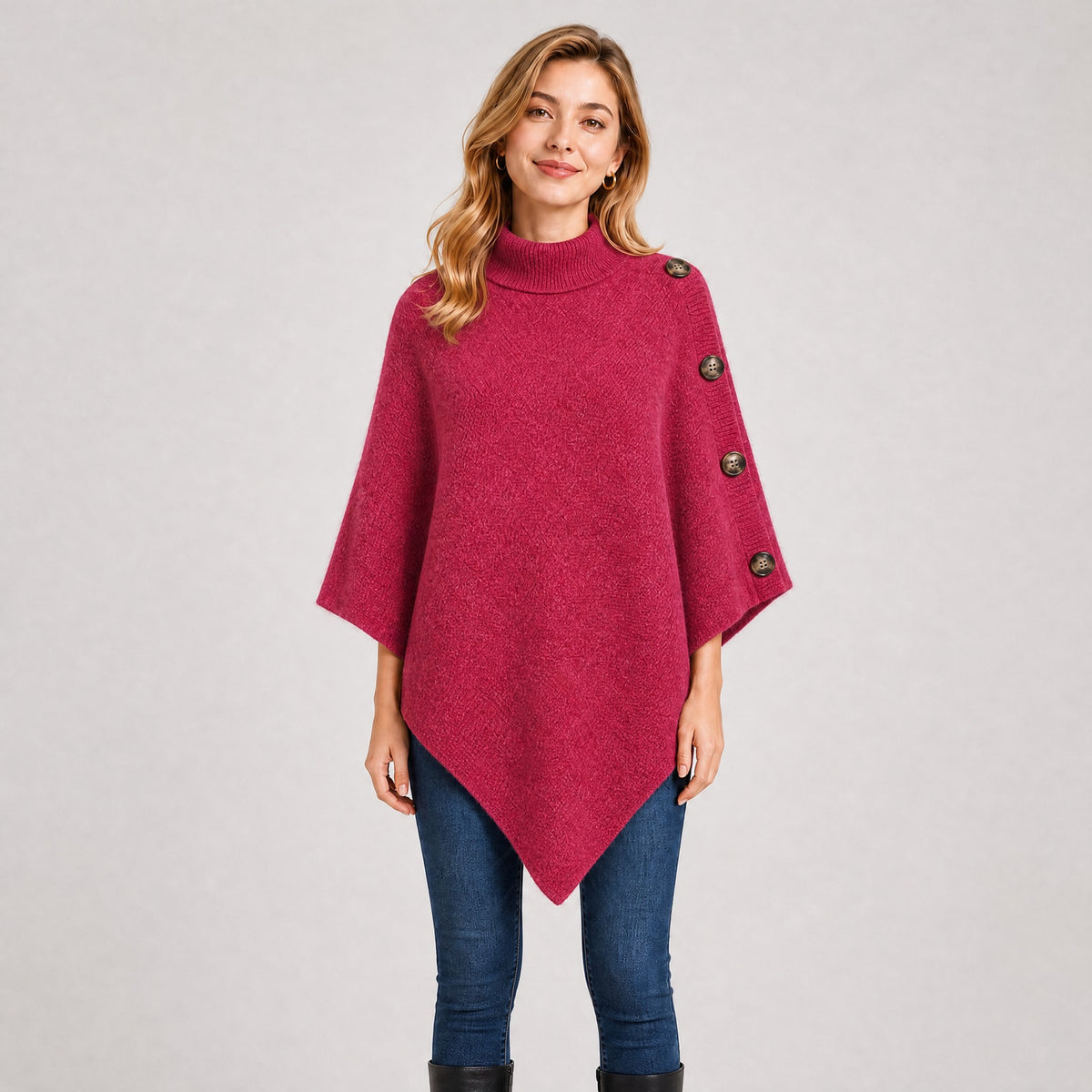 Poncho Col Roulé Boutonné Femme rose foncé, vue de face
