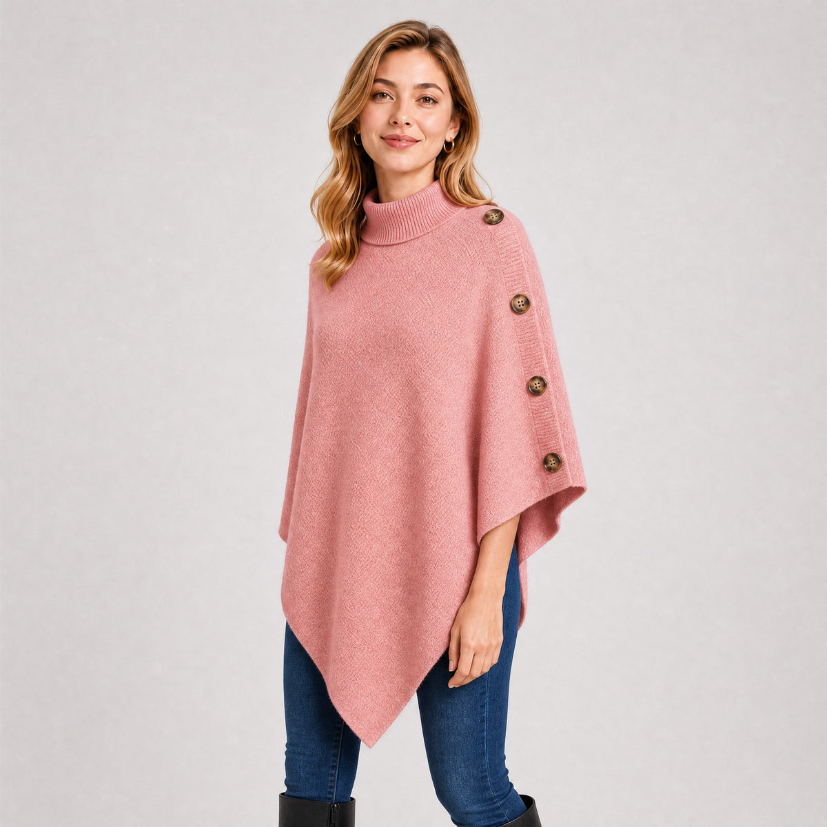 Poncho Col Roulé Boutonné Femme rose, vue de face