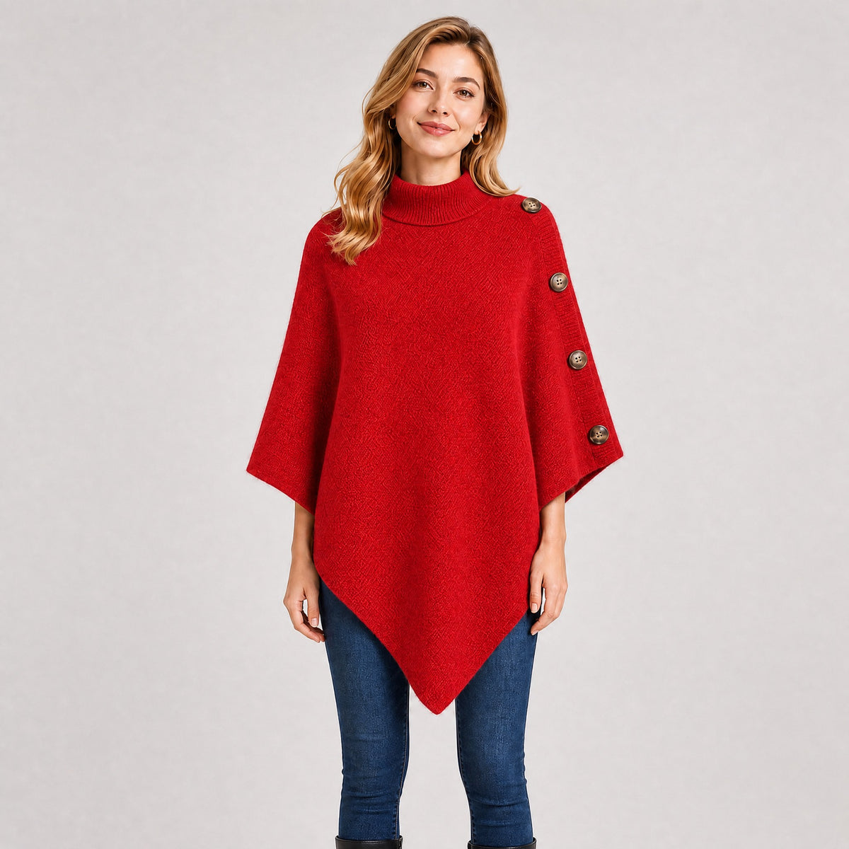 Poncho Col Roulé Boutonné Femme rouge, vue de face