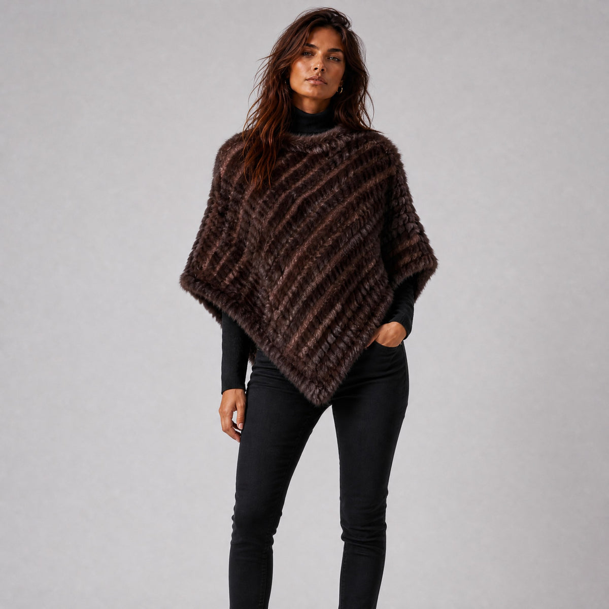 Poncho Court Effet Fourrure Femme café, vue de face