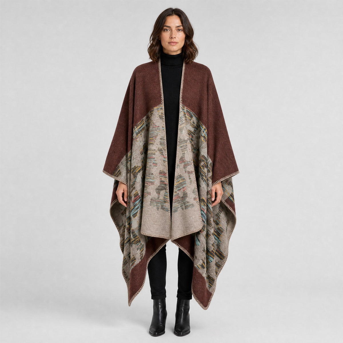 Poncho Couverture Bohème Ouvert Femme marron, vue de face