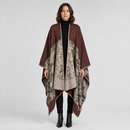 Poncho Couverture Bohème Ouvert Femme marron, vue de face
