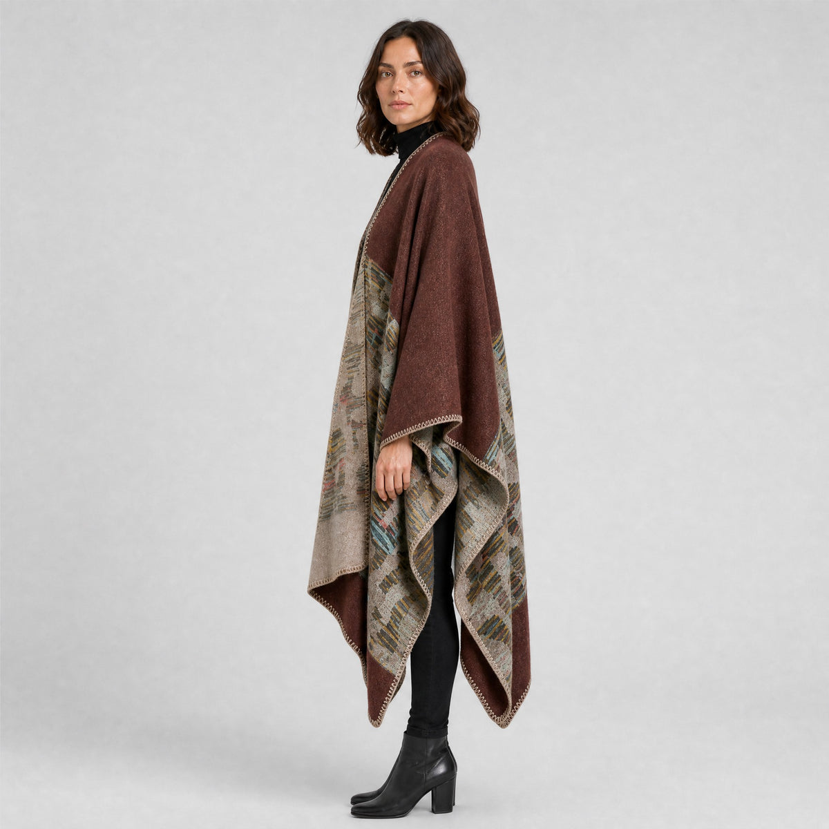 Poncho Couverture Bohème Ouvert Femme marron, vue de profil