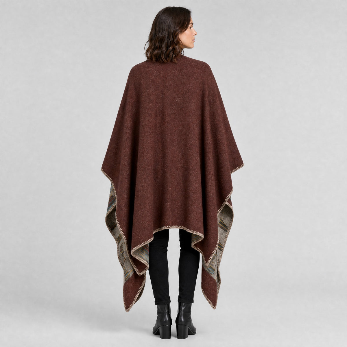 Poncho Couverture Bohème Ouvert Femme marron, vue de dos