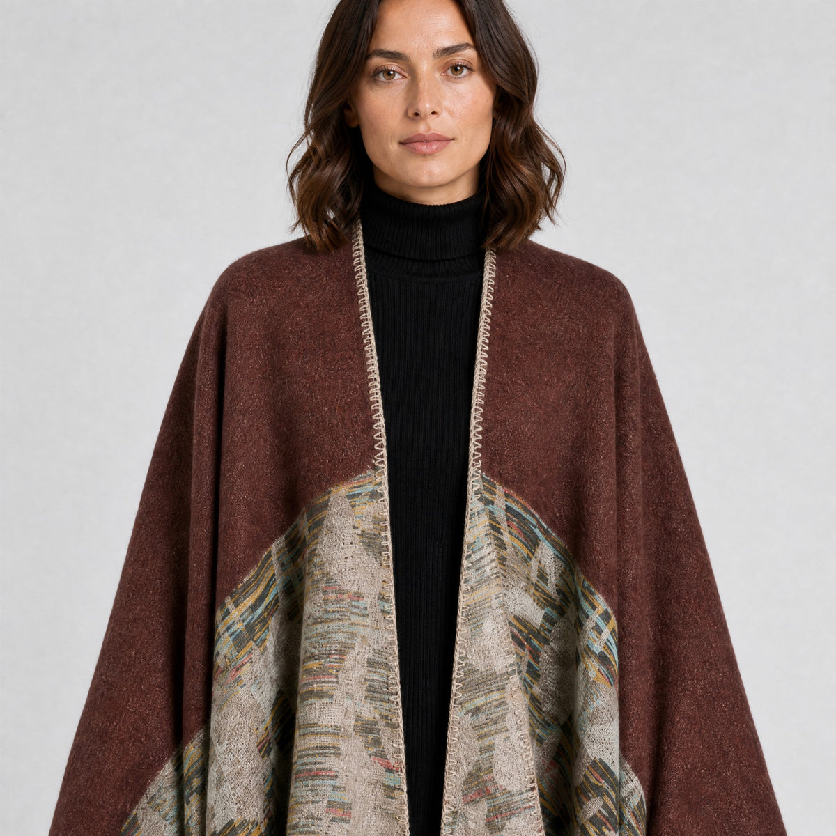 Poncho Couverture Bohème Ouvert Femme marron, détail de la matière