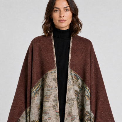 Poncho Couverture Bohème Ouvert Femme marron, détail de la matière