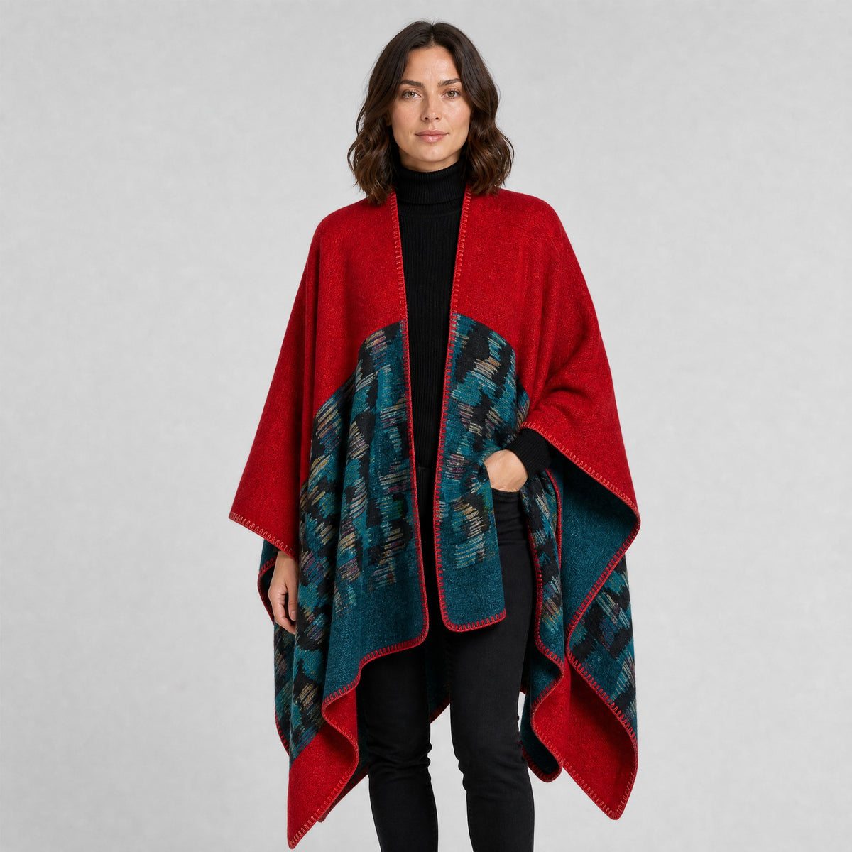 Poncho Couverture Bohème Ouvert Femme rouge et bleu, vue de face