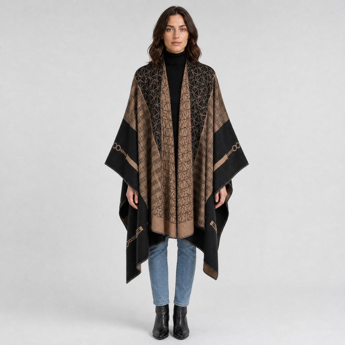 Poncho Écharpe Effet Cachemire à Motifs marron, vue de face