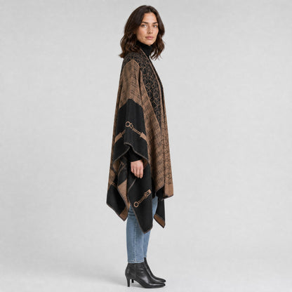 Poncho Écharpe Effet Cachemire à Motifs marron, vue de profil