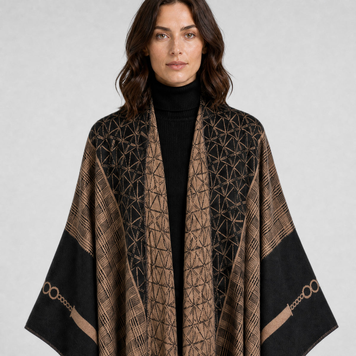 Poncho Écharpe Effet Cachemire à Motifs marron, détail de la matière