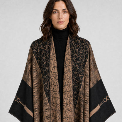 Poncho Écharpe Effet Cachemire à Motifs marron, détail de la matière