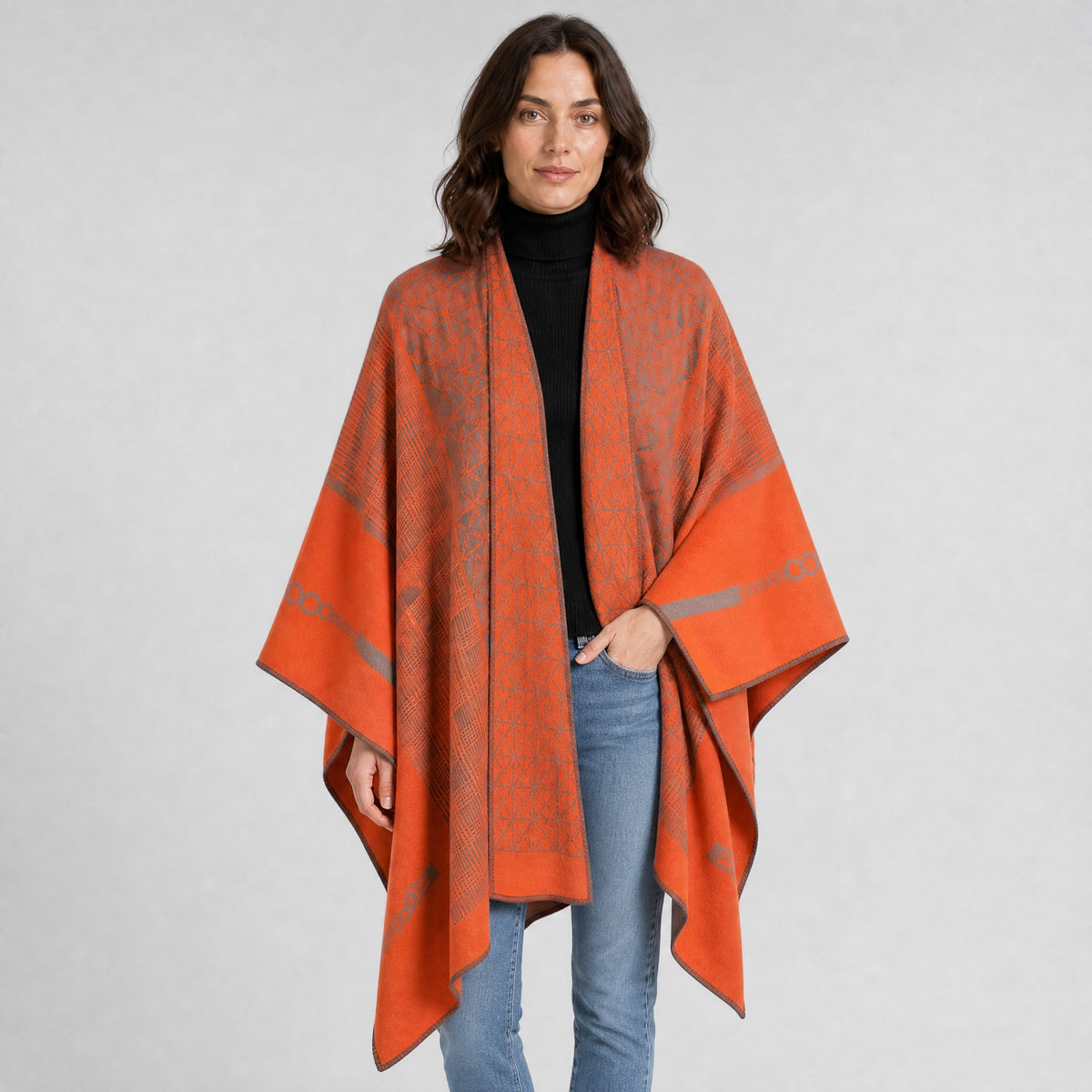 Poncho Écharpe Effet Cachemire à Motifs orange, vue de face