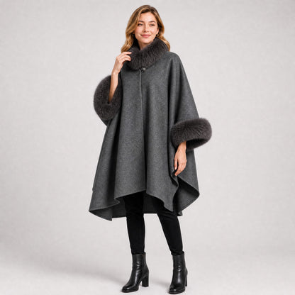 Poncho Oversize Col Effet Fourrure Femme gris, vue de trois quarts