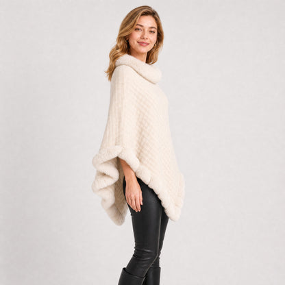 Poncho Tricot Col Effet Fourrure Femme beige, vue de profil