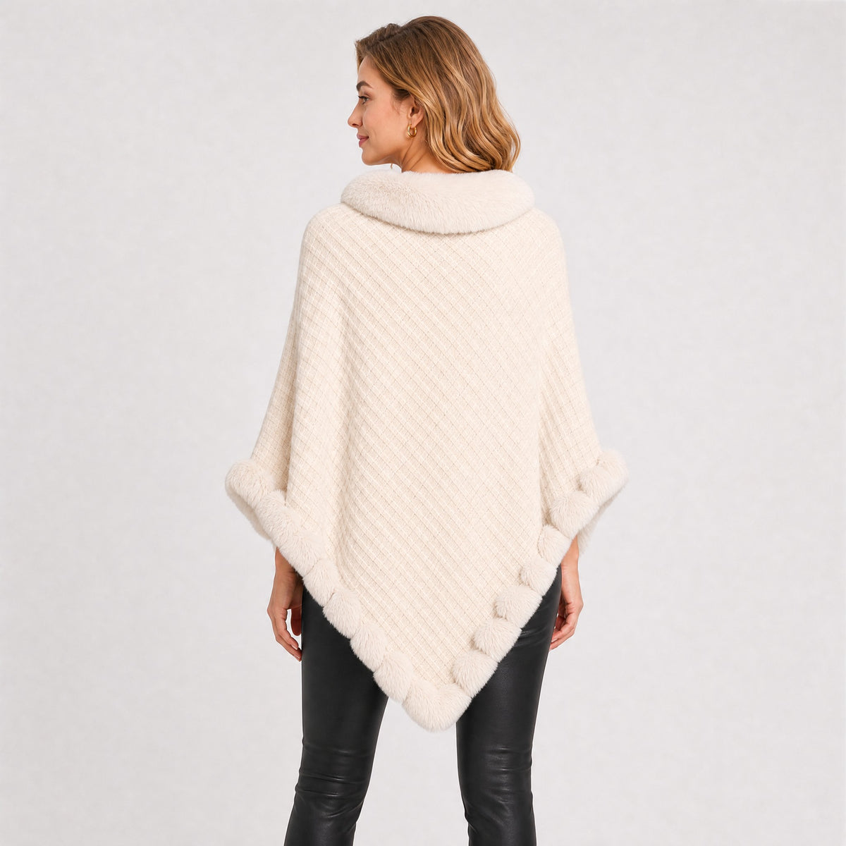 Poncho Tricot Col Effet Fourrure Femme beige, vue de dos
