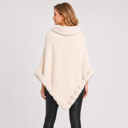 Poncho Tricot Col Effet Fourrure Femme beige, vue de dos