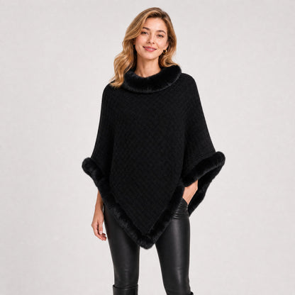 Poncho Tricot Col Effet Fourrure Femme noir, vue de face