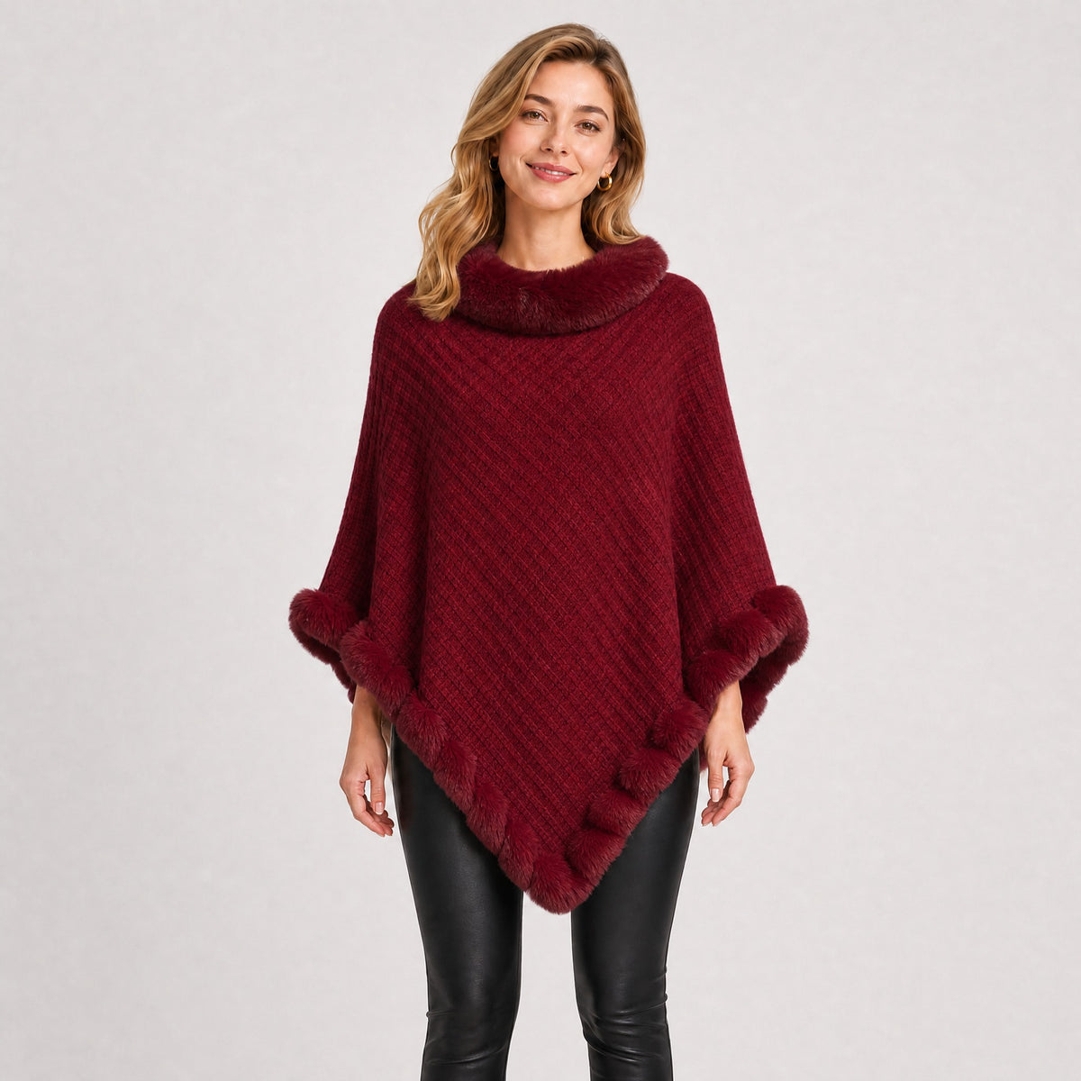 Poncho Tricot Col Effet Fourrure Femme bordeaux, vue de face