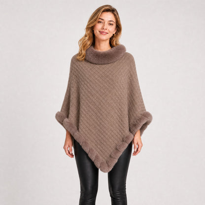 Poncho Tricot Col Effet Fourrure Femme kaki, vue de face