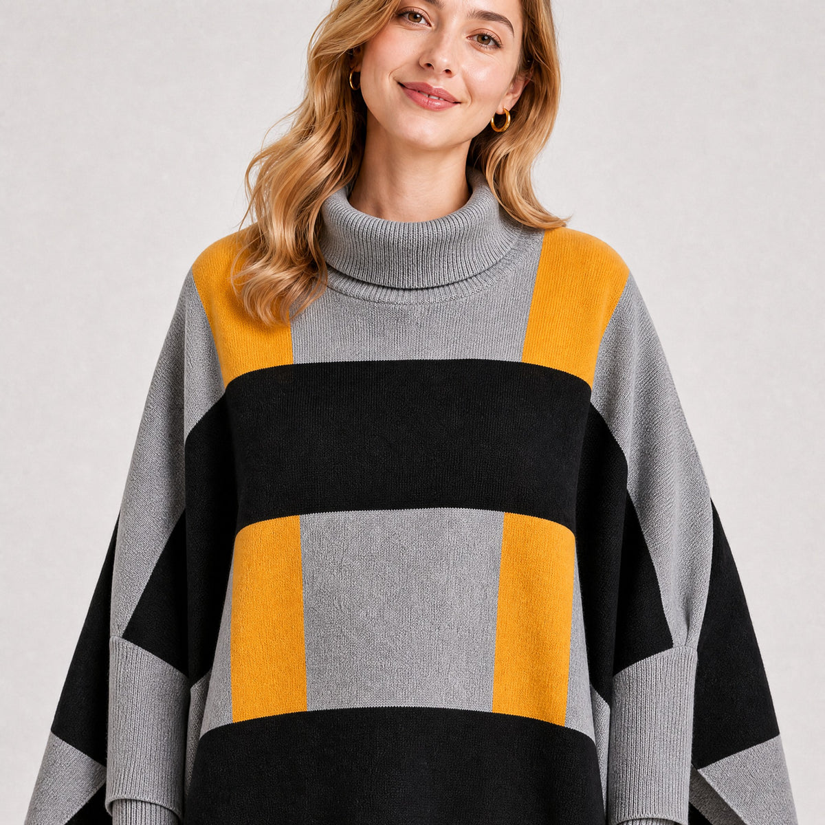 Pull Poncho Col Roulé à Carreaux Femme gris et jaune, détail de la matière